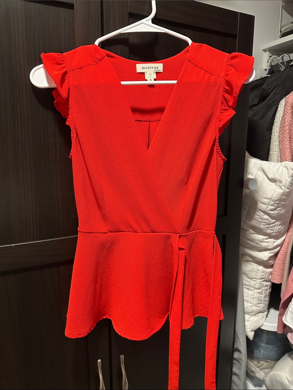 Monteau Bright Red V-Neck Ruffle Sleeve Peplum Blouse